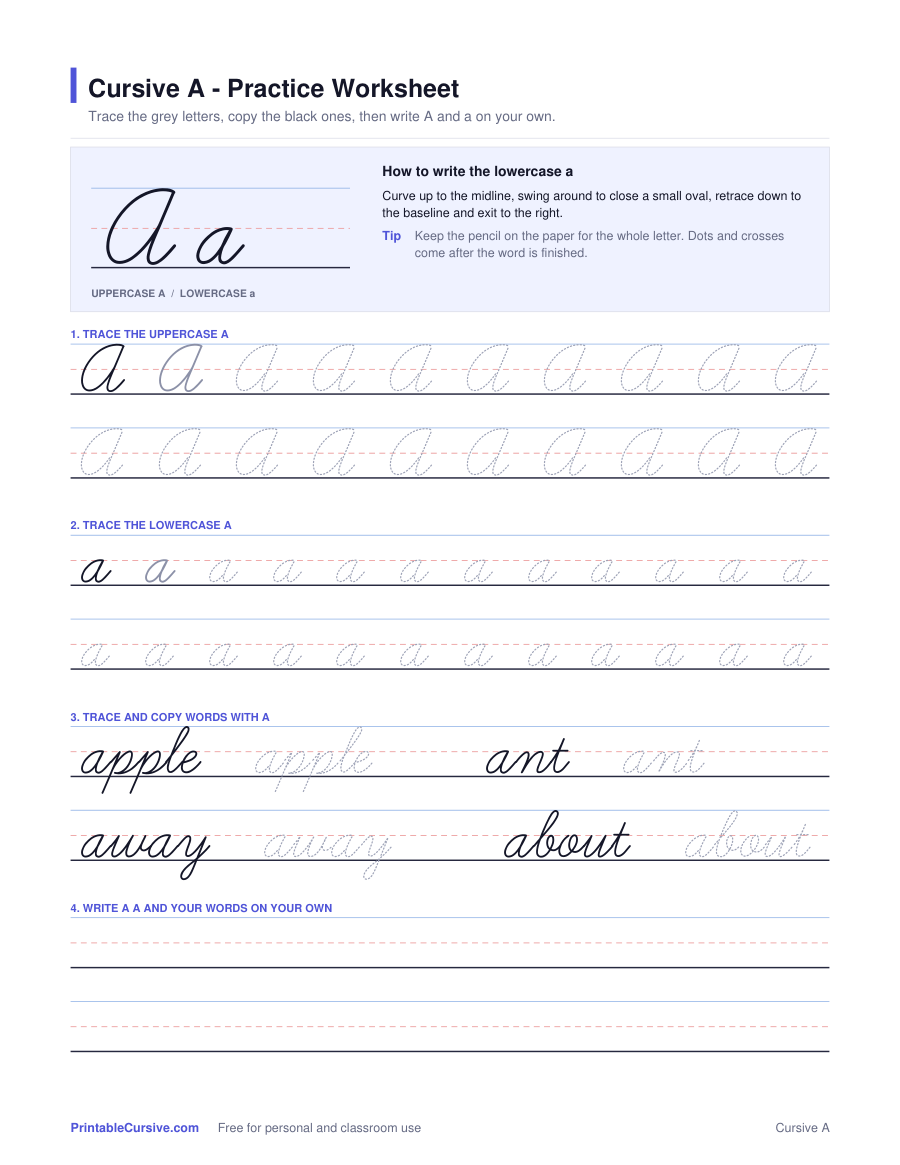 Preview of the Cursive A practice worksheet worksheet