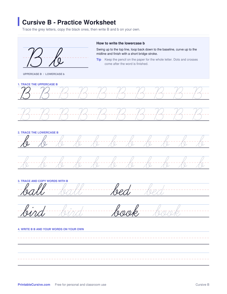Preview of the Cursive B practice worksheet worksheet