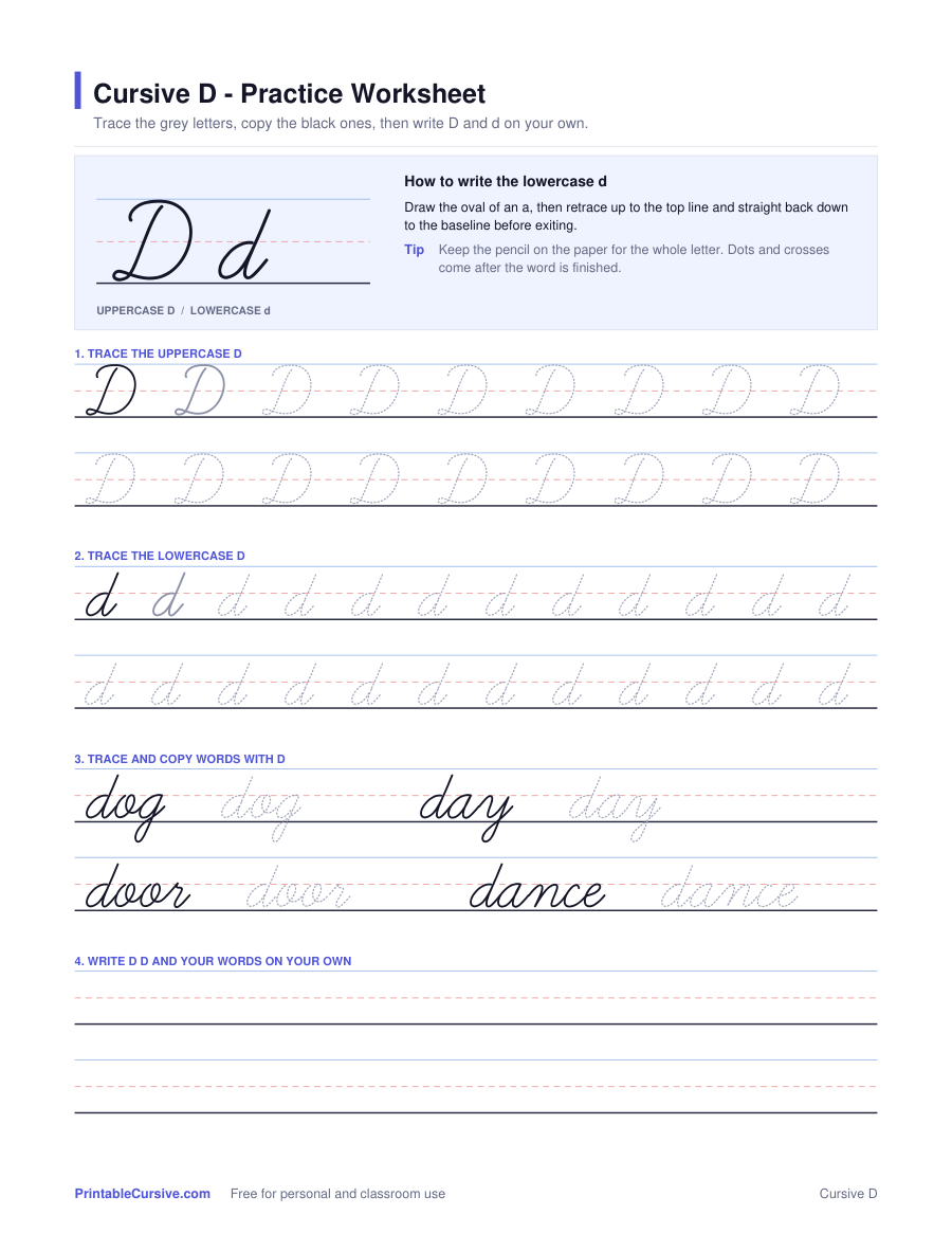 Preview of the Cursive D practice worksheet worksheet