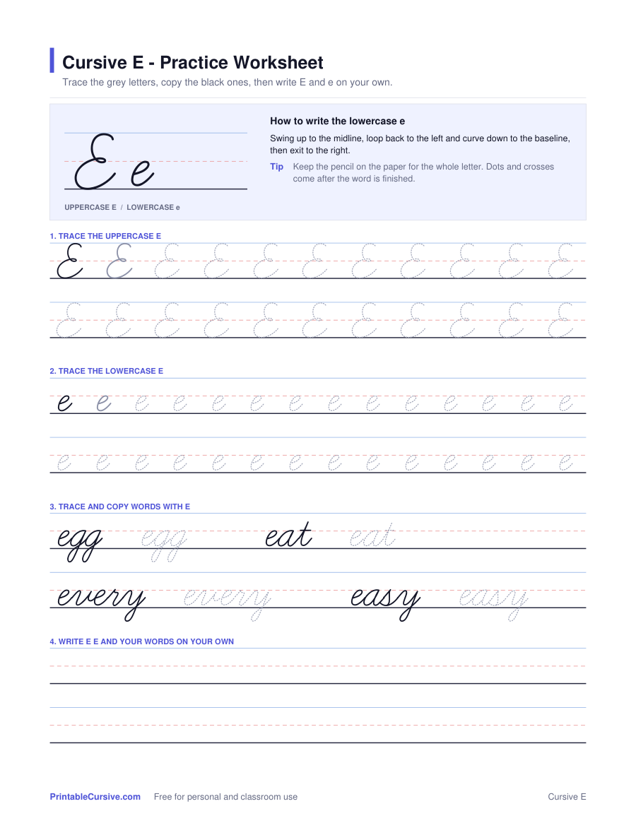 Preview of the Cursive E practice worksheet worksheet