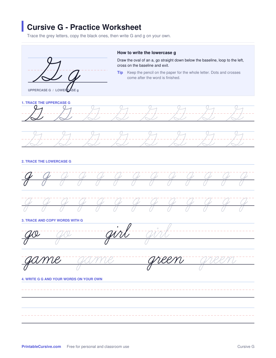 Preview of the Cursive G practice worksheet worksheet