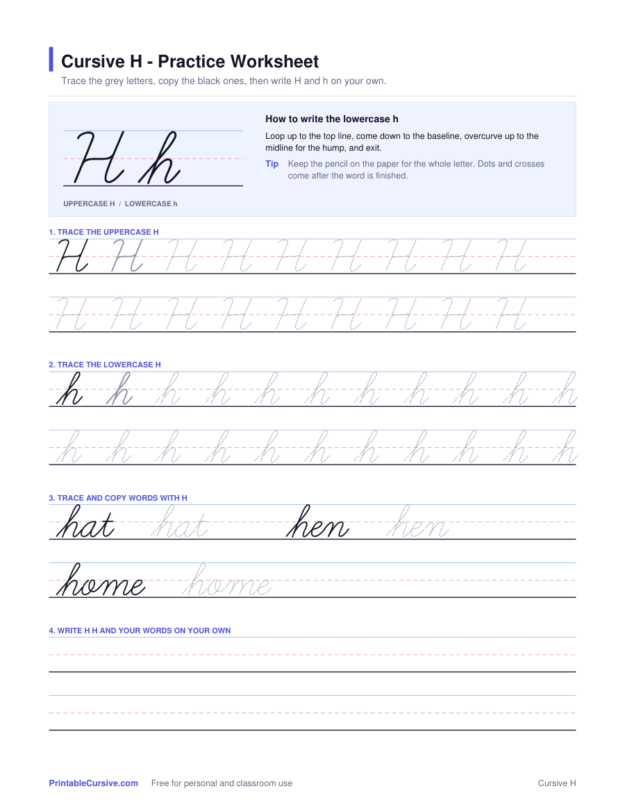 Preview of the Cursive H practice worksheet worksheet