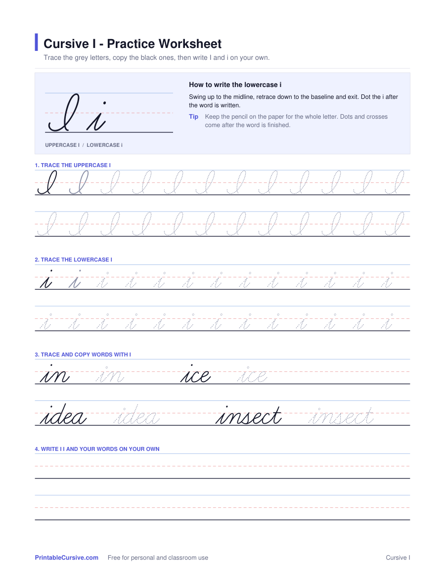 Preview of the Cursive I practice worksheet worksheet