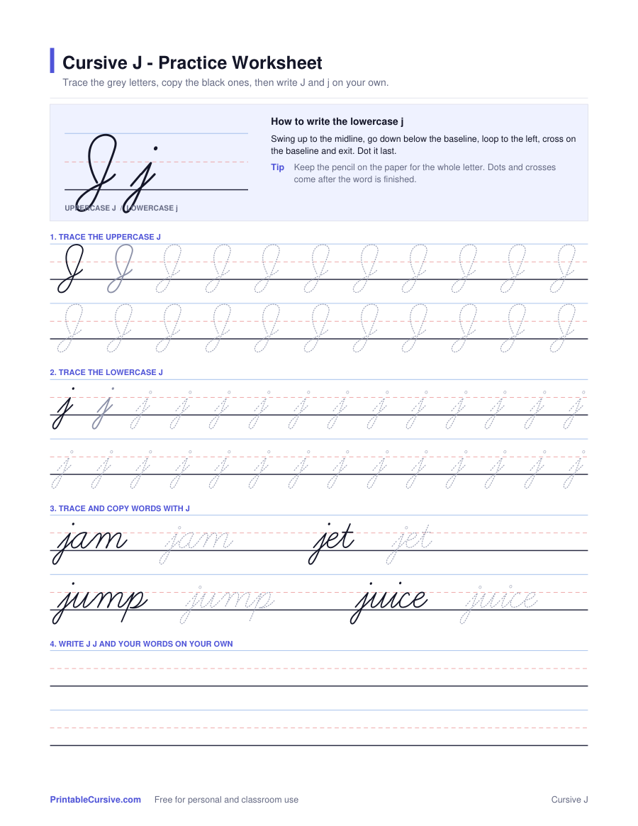 Preview of the Cursive J practice worksheet worksheet
