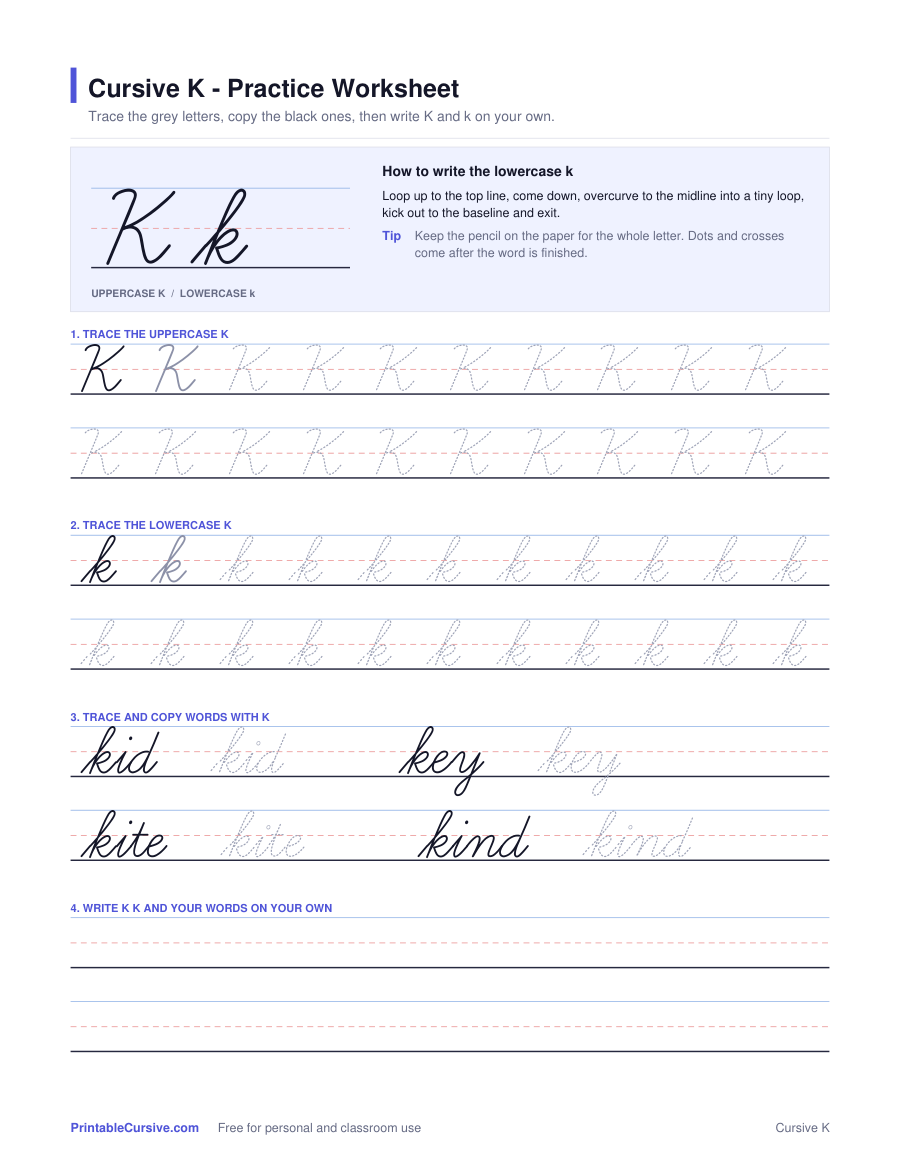 Preview of the Cursive K practice worksheet worksheet