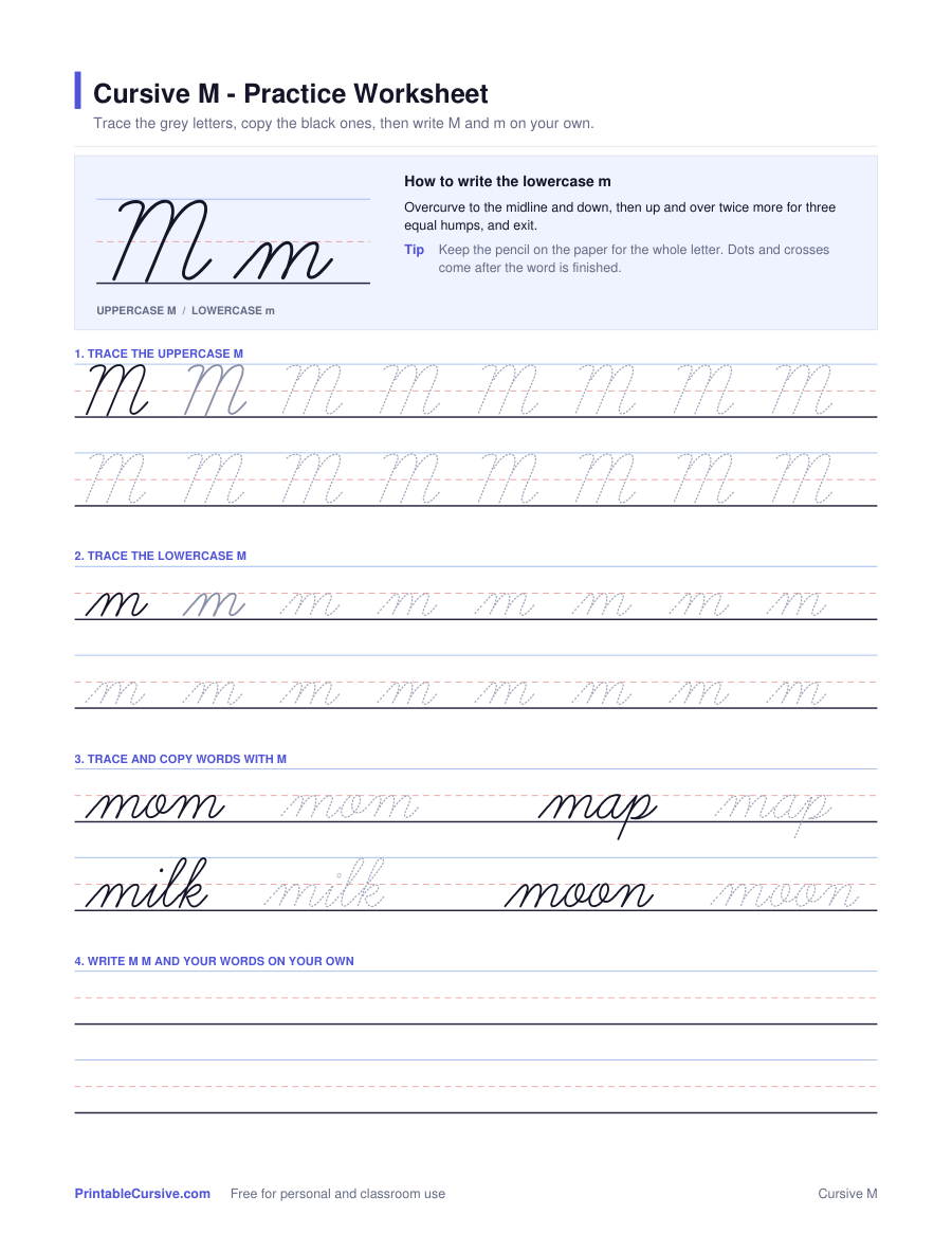 Preview of the Cursive M practice worksheet worksheet