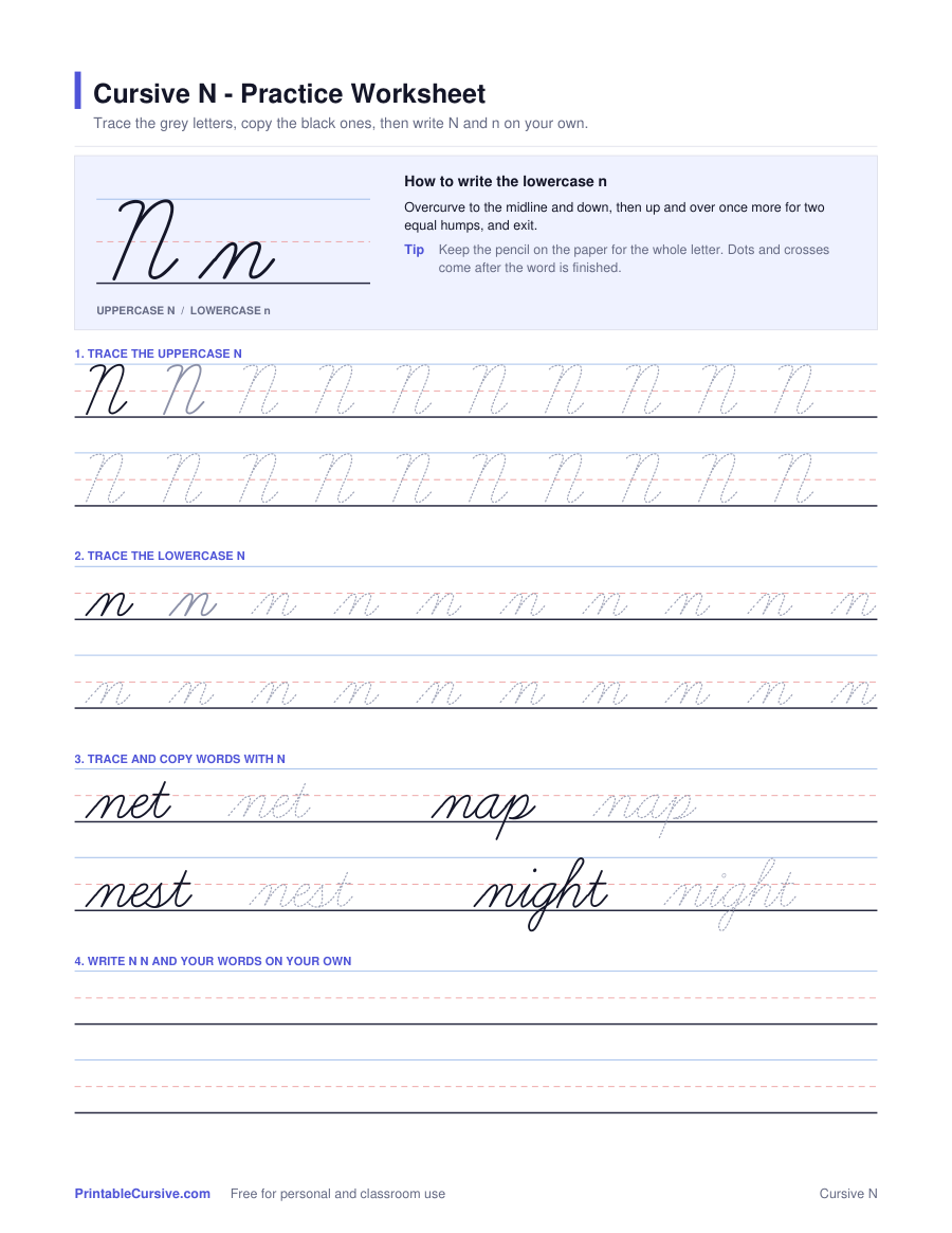 Preview of the Cursive N practice worksheet worksheet