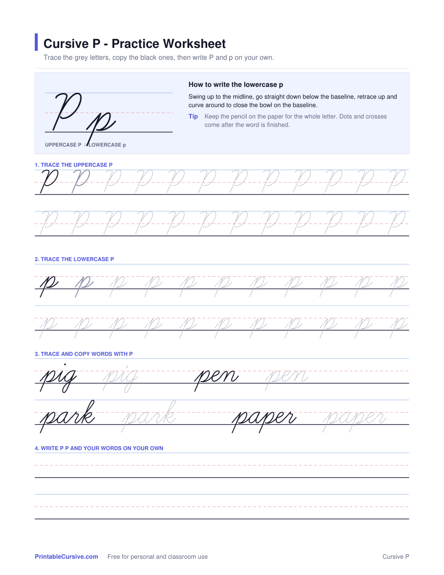 Preview of the Cursive P practice worksheet worksheet