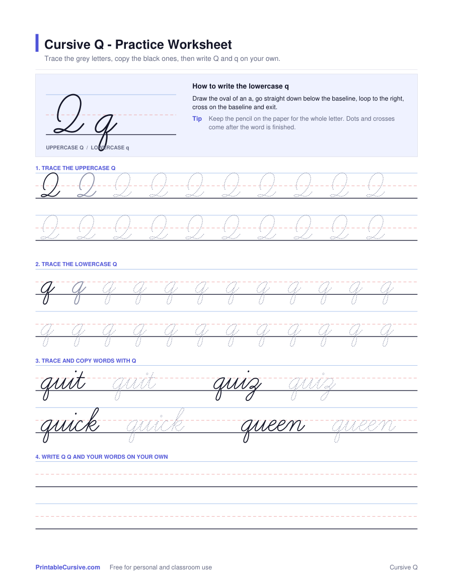 Preview of the Cursive Q practice worksheet worksheet