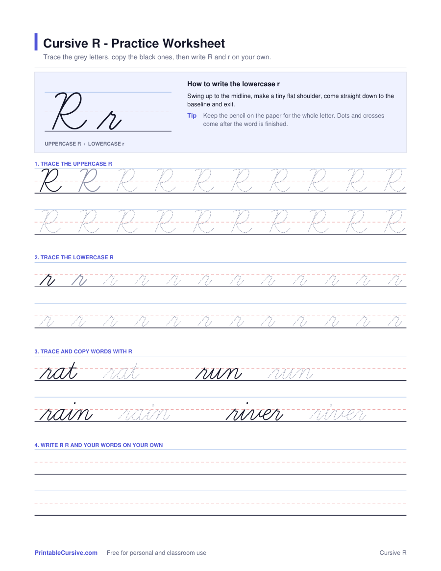 Preview of the Cursive R practice worksheet worksheet