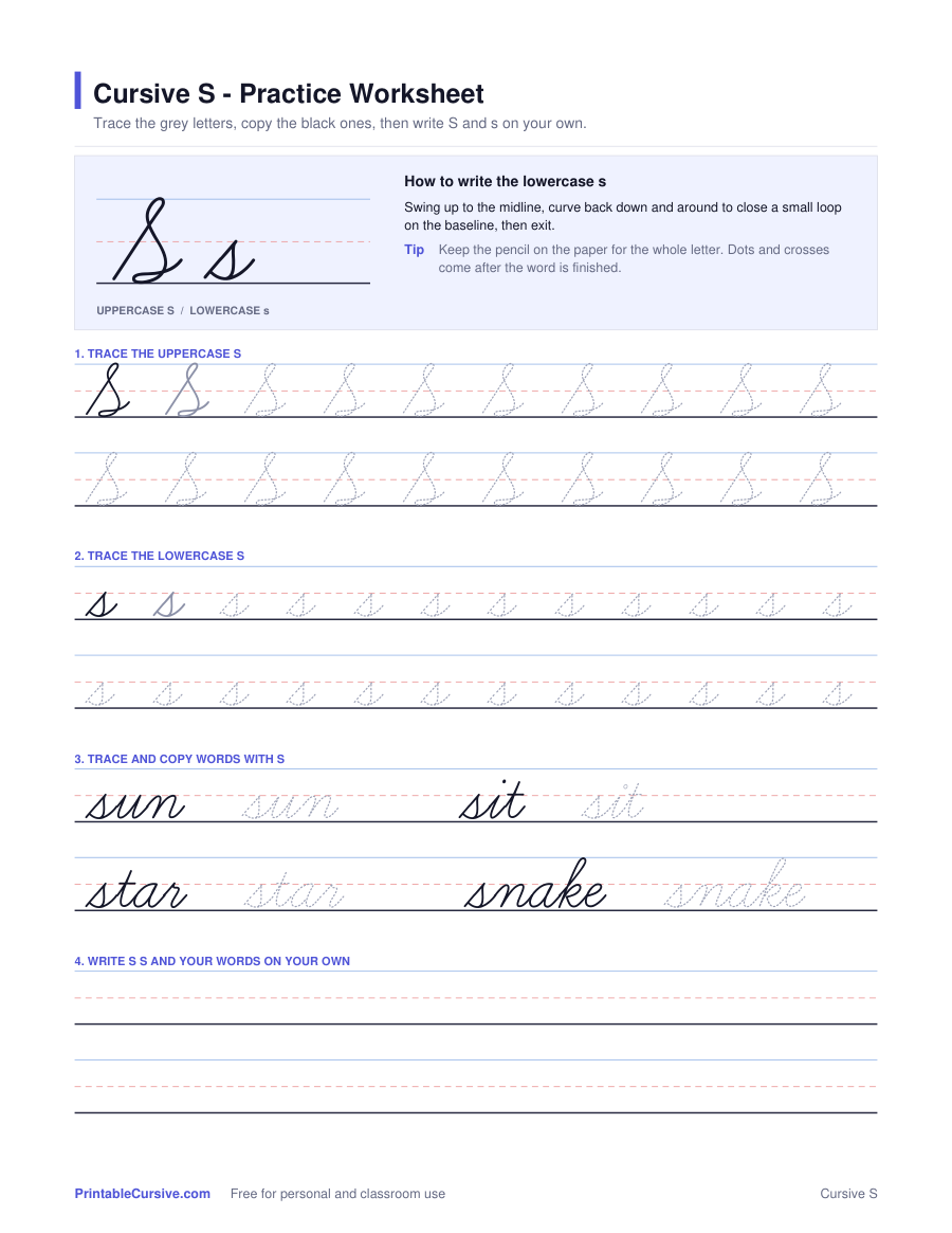 Preview of the Cursive S practice worksheet worksheet