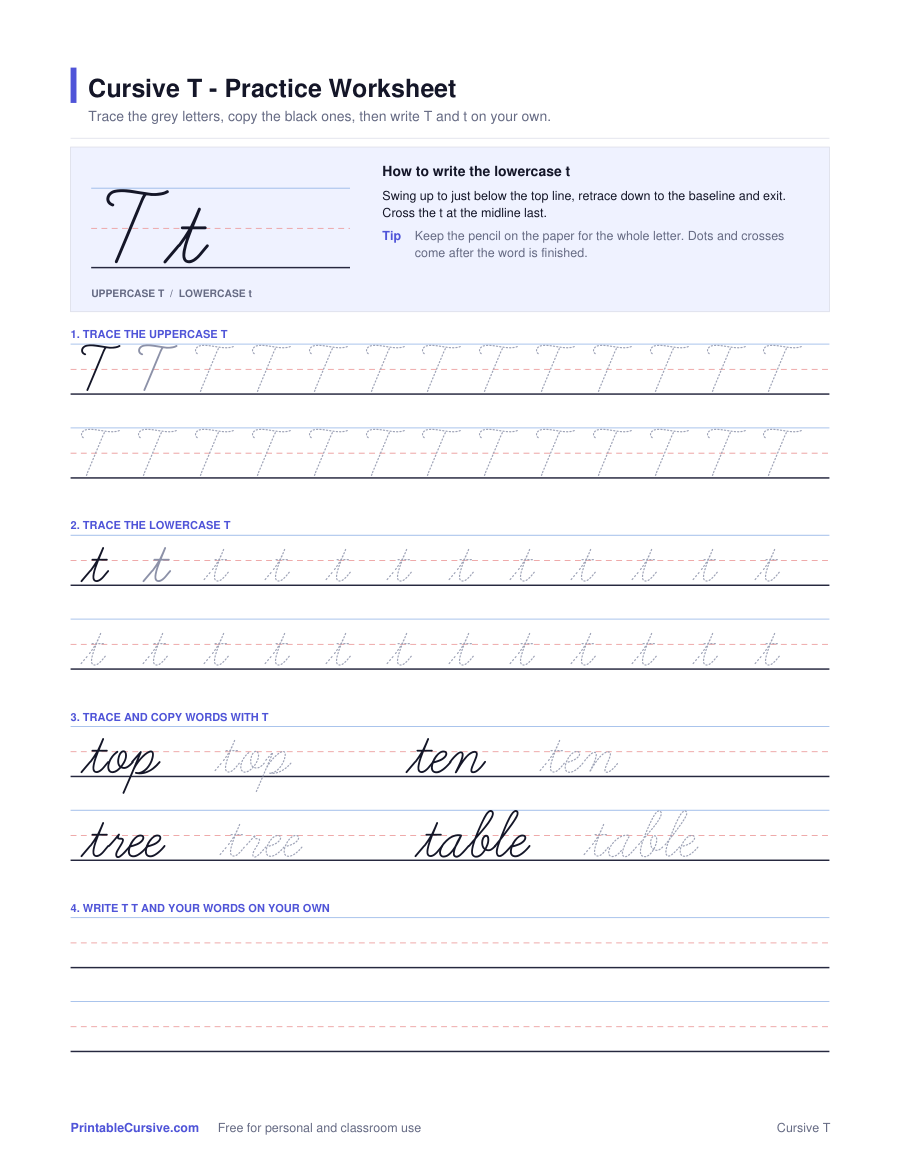 Preview of the Cursive T practice worksheet worksheet