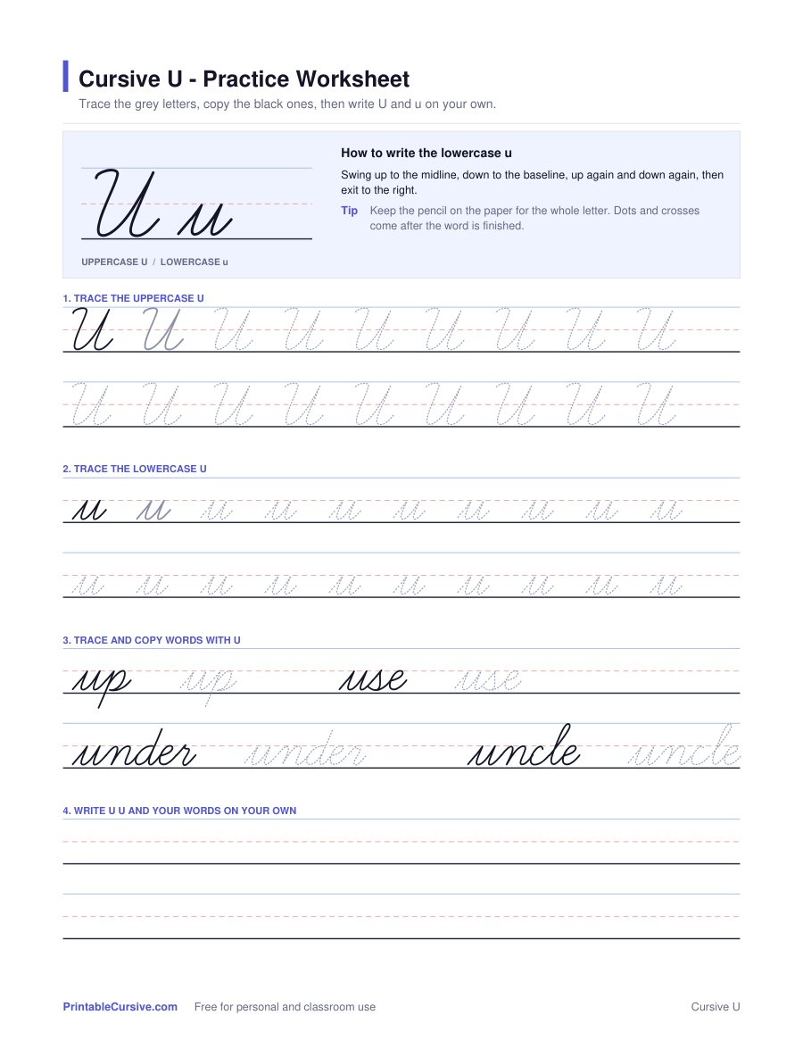Preview of the Cursive U practice worksheet worksheet