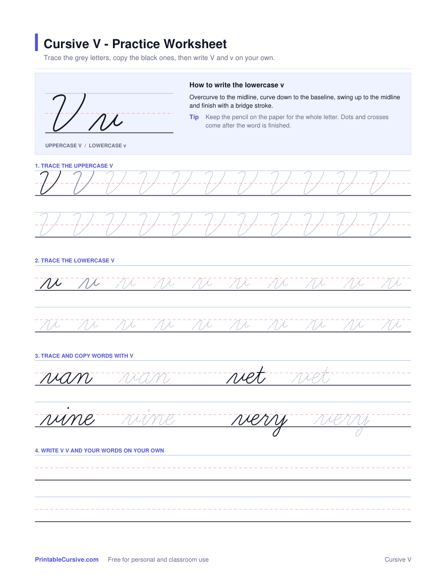 Preview of the Cursive V practice worksheet worksheet
