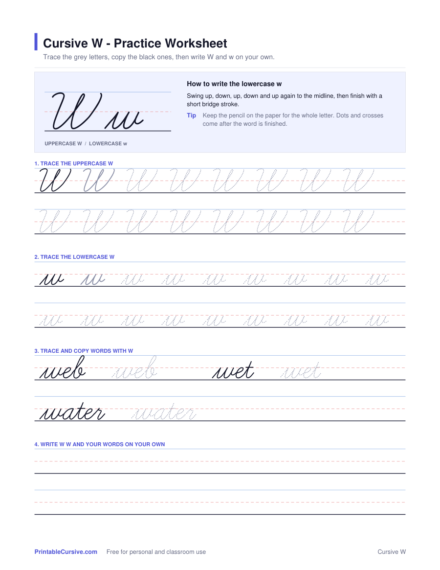 Preview of the Cursive W practice worksheet worksheet