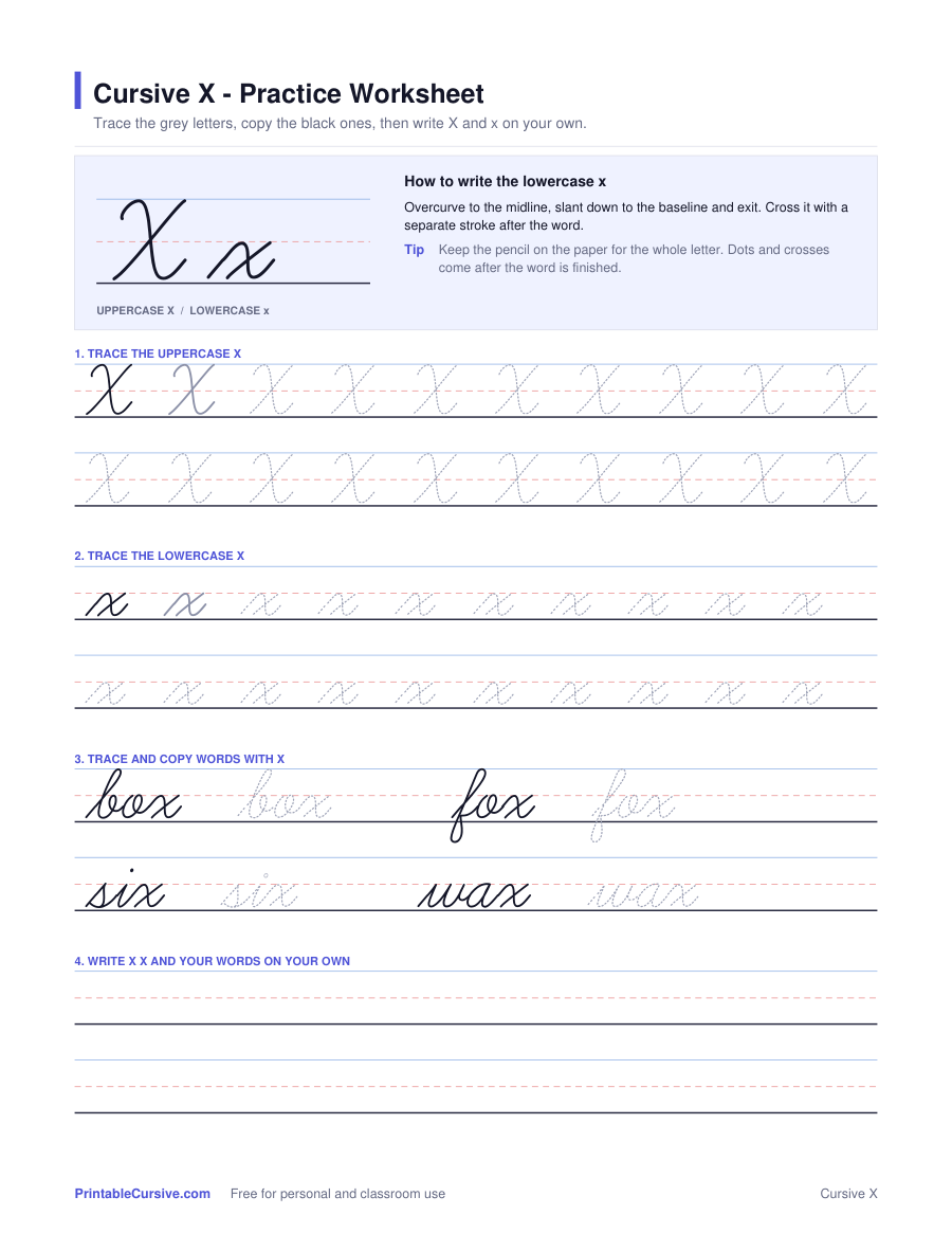 Preview of the Cursive X practice worksheet worksheet