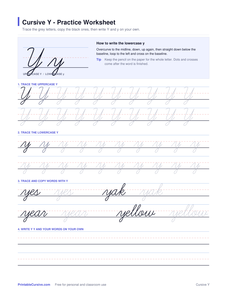 Preview of the Cursive Y practice worksheet worksheet