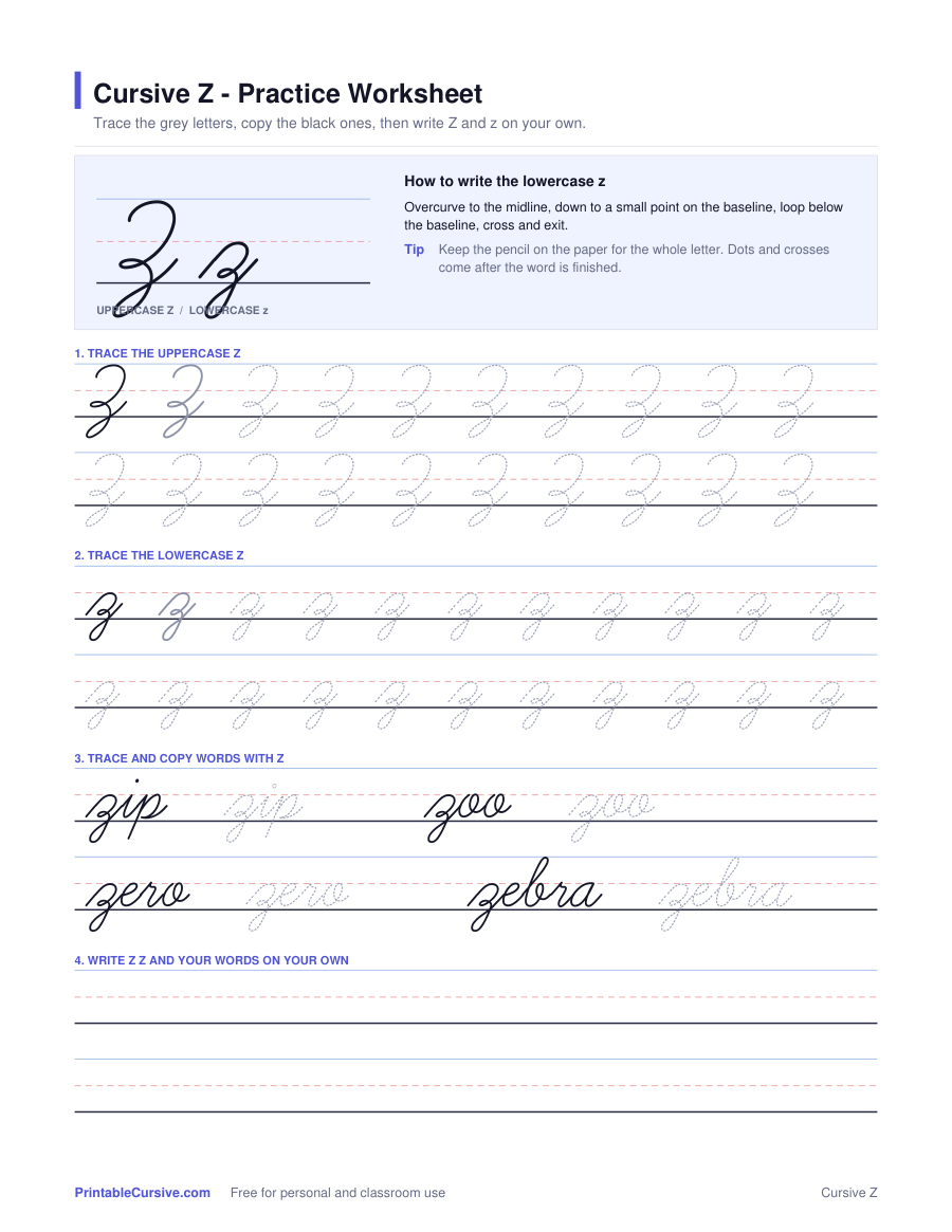 Preview of the Cursive Z practice worksheet worksheet