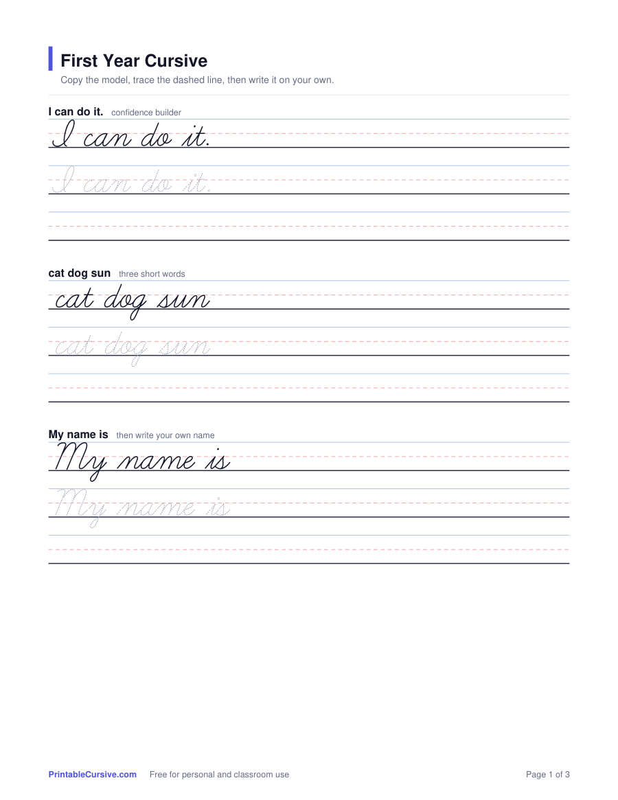 Preview of the First year cursive words and sentences worksheet