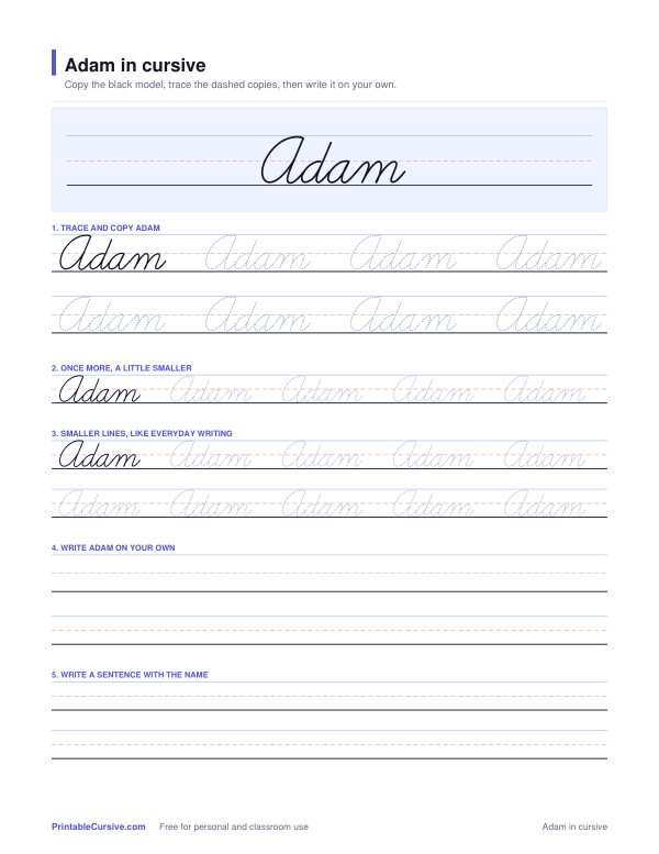 Preview of the Adam in cursive practice sheet worksheet