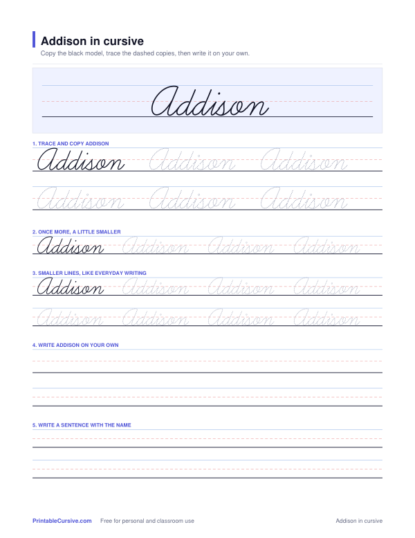 Preview of the Addison in cursive practice sheet worksheet