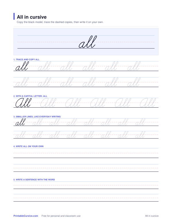 Preview of the All in cursive practice sheet worksheet