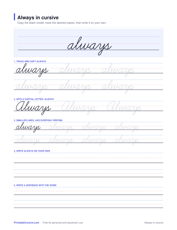 Preview of the Always in cursive practice sheet worksheet