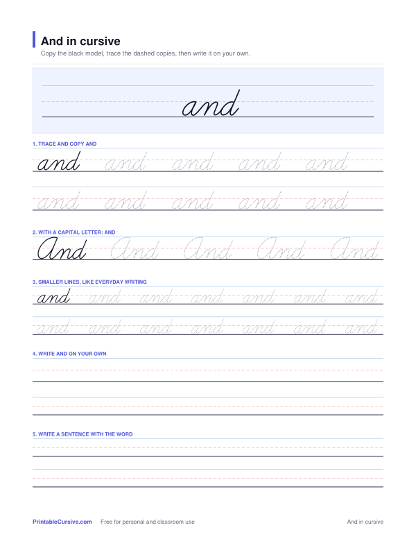 Preview of the And in cursive practice sheet worksheet