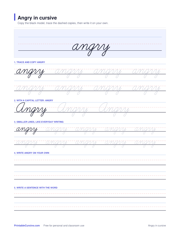 Preview of the Angry in cursive practice sheet worksheet