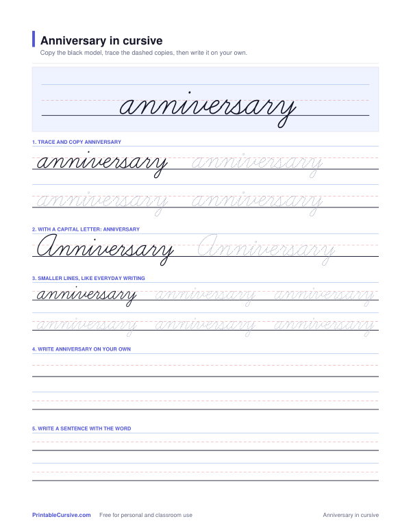 Preview of the Anniversary in cursive practice sheet worksheet