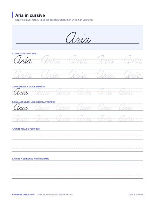 Preview of the Aria in cursive practice sheet worksheet