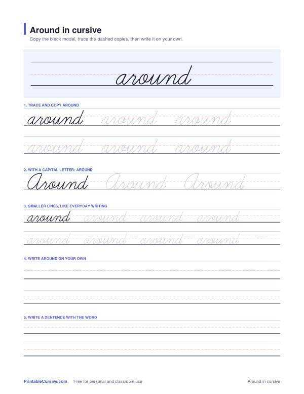 Preview of the Around in cursive practice sheet worksheet