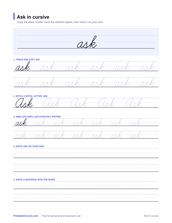Preview of the Ask in cursive practice sheet worksheet