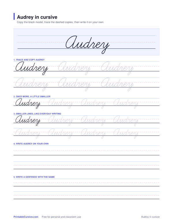 Preview of the Audrey in cursive practice sheet worksheet