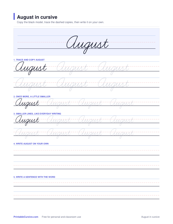 Preview of the August in cursive practice sheet worksheet