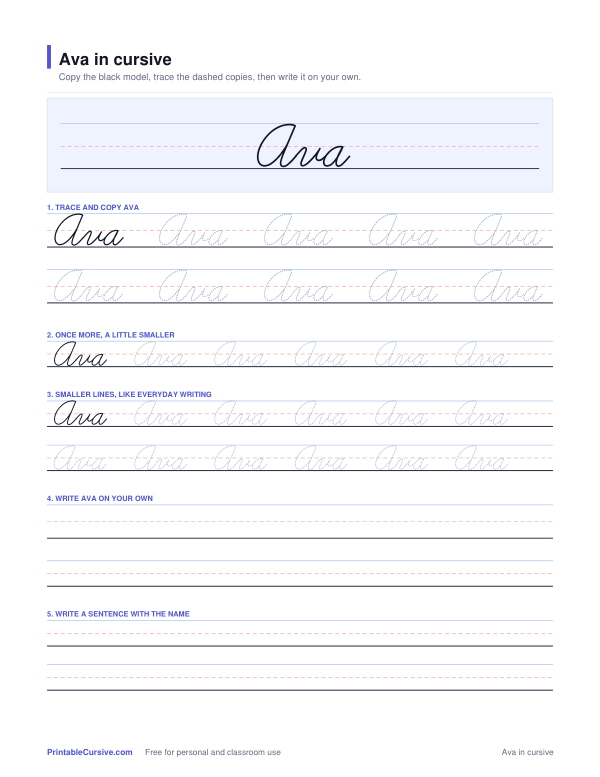 Preview of the Ava in cursive practice sheet worksheet