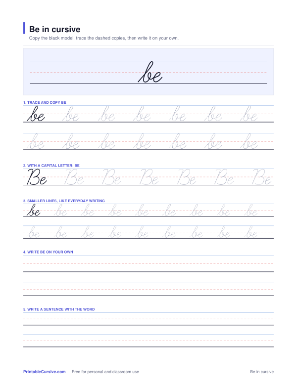 Preview of the Be in cursive practice sheet worksheet