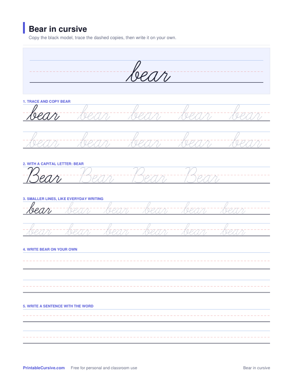 Preview of the Bear in cursive practice sheet worksheet
