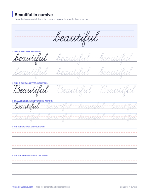 Preview of the Beautiful in cursive practice sheet worksheet