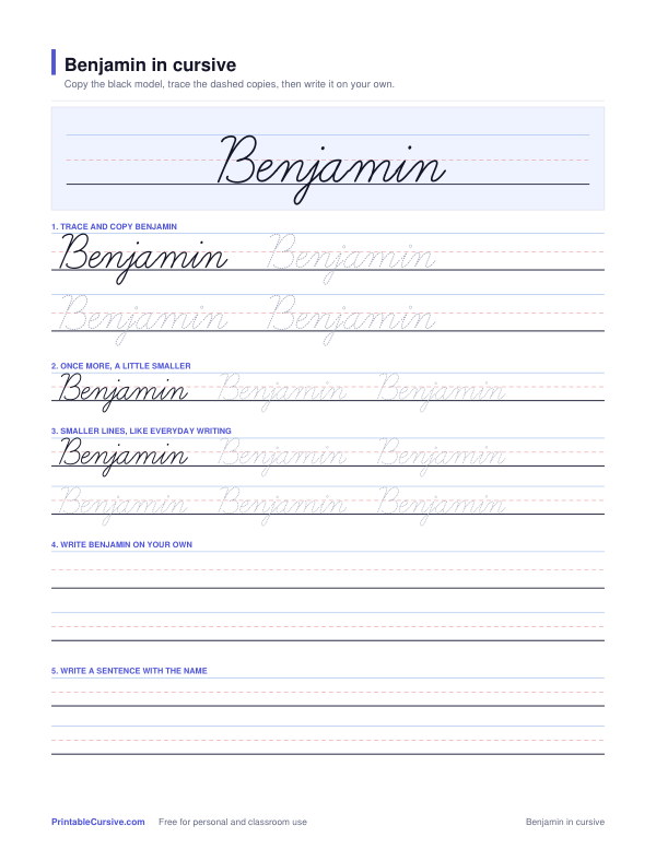 Preview of the Benjamin in cursive practice sheet worksheet