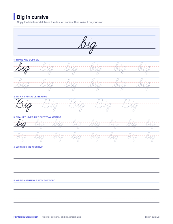 Preview of the Big in cursive practice sheet worksheet