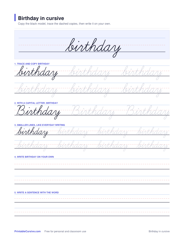 Preview of the Birthday in cursive practice sheet worksheet