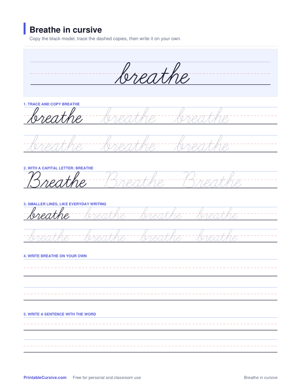 Preview of the Breathe in cursive practice sheet worksheet