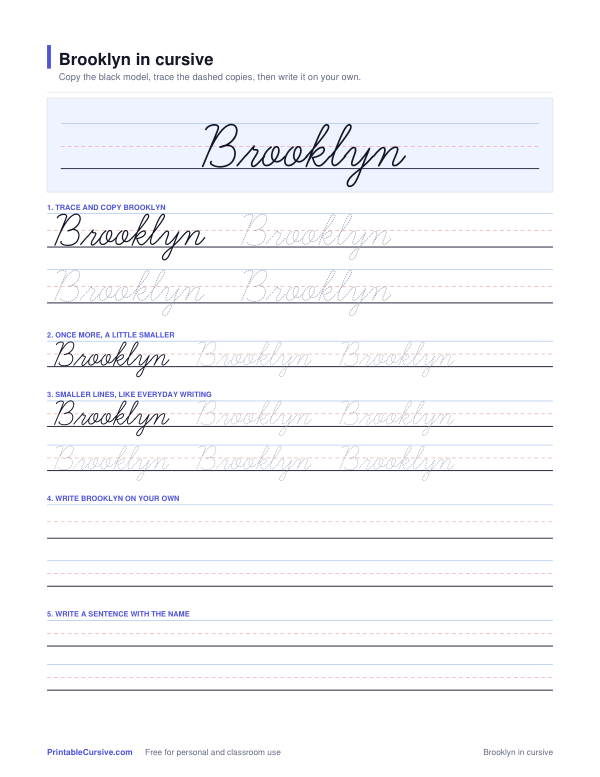 Preview of the Brooklyn in cursive practice sheet worksheet