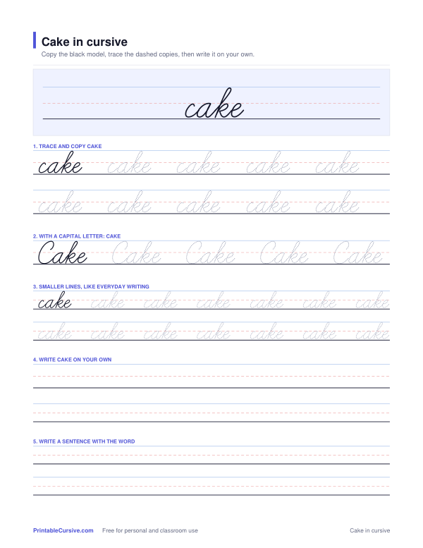 Preview of the Cake in cursive practice sheet worksheet