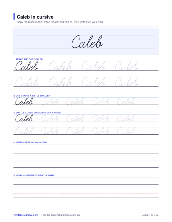 Preview of the Caleb in cursive practice sheet worksheet