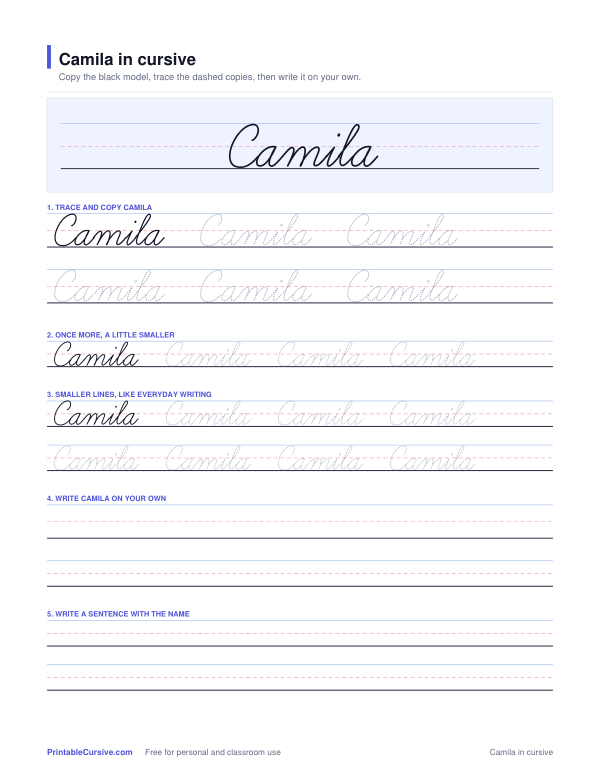 Preview of the Camila in cursive practice sheet worksheet