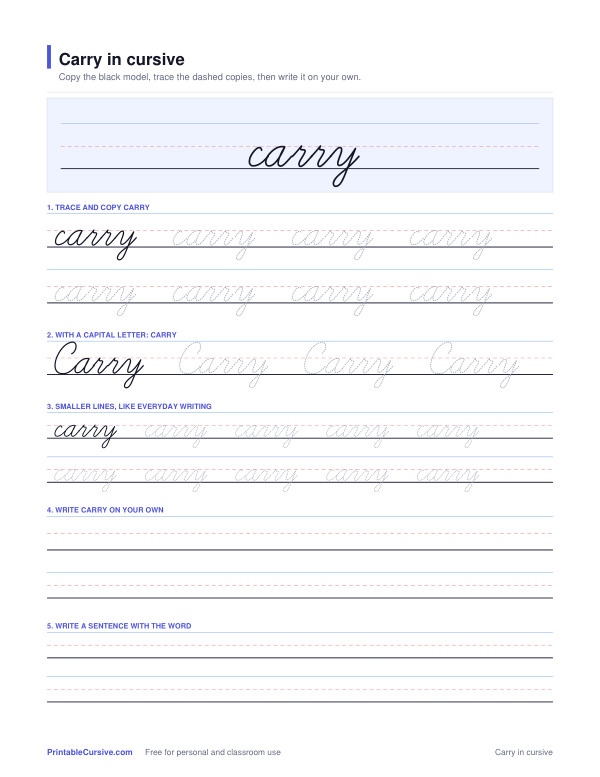 Preview of the Carry in cursive practice sheet worksheet