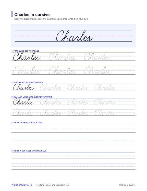 Preview of the Charles in cursive practice sheet worksheet