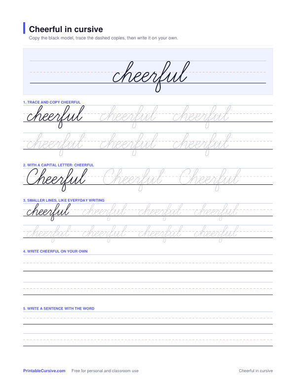 Preview of the Cheerful in cursive practice sheet worksheet